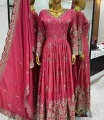 Pink Colour Luxurious Pure Heavy Chinon Silk Stitched Gown Set with Mirror Work