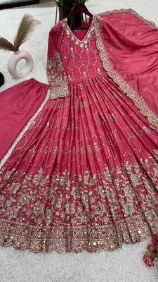 Pink Colour Luxurious Pure Heavy Chinon Silk Stitched Gown Set with Mirror Work 2
