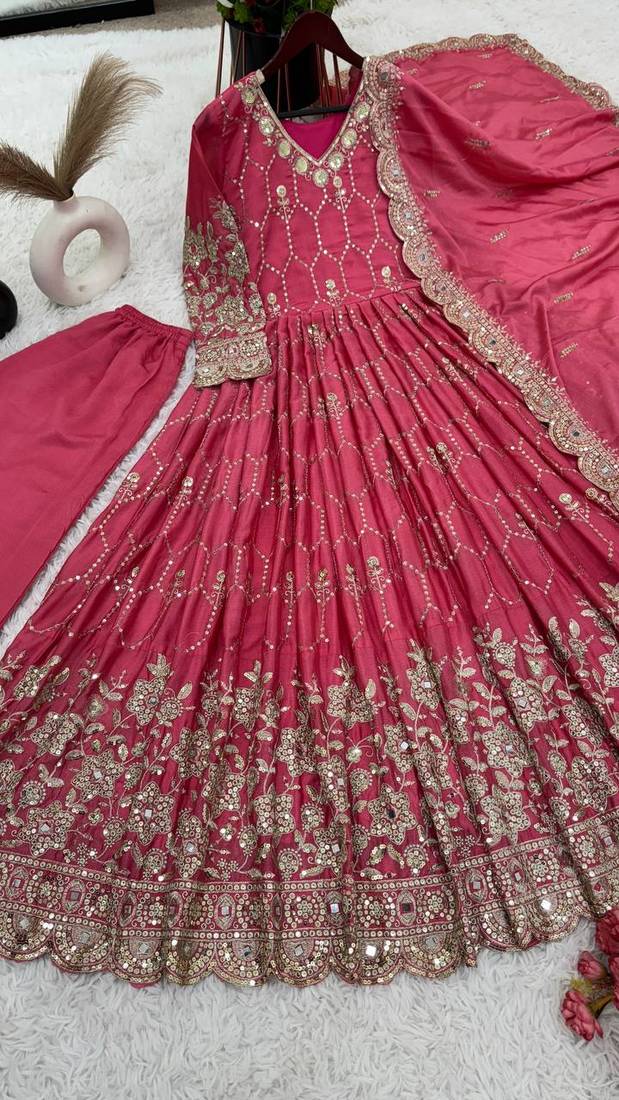 Pink Colour Luxurious Pure Heavy Chinon Silk Stitched Gown Set with Mirror Work