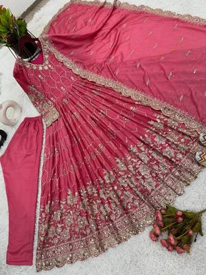 Pink Colour Luxurious Pure Heavy Chinon Silk Stitched Gown Set with Mirror Work 3