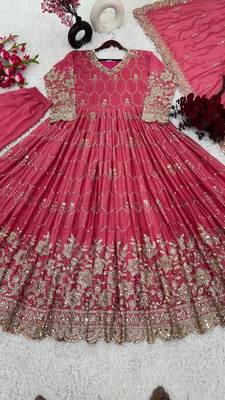 Pink Colour Luxurious Pure Heavy Chinon Silk Stitched Gown Set with Mirror Work 4