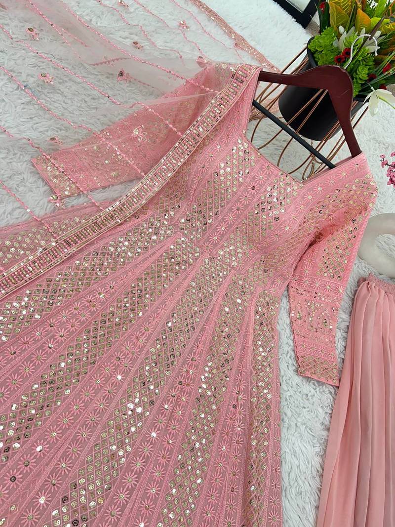 Baby Pink Colour Exquisite Heavy Faux Georgette Stitched Gown Set