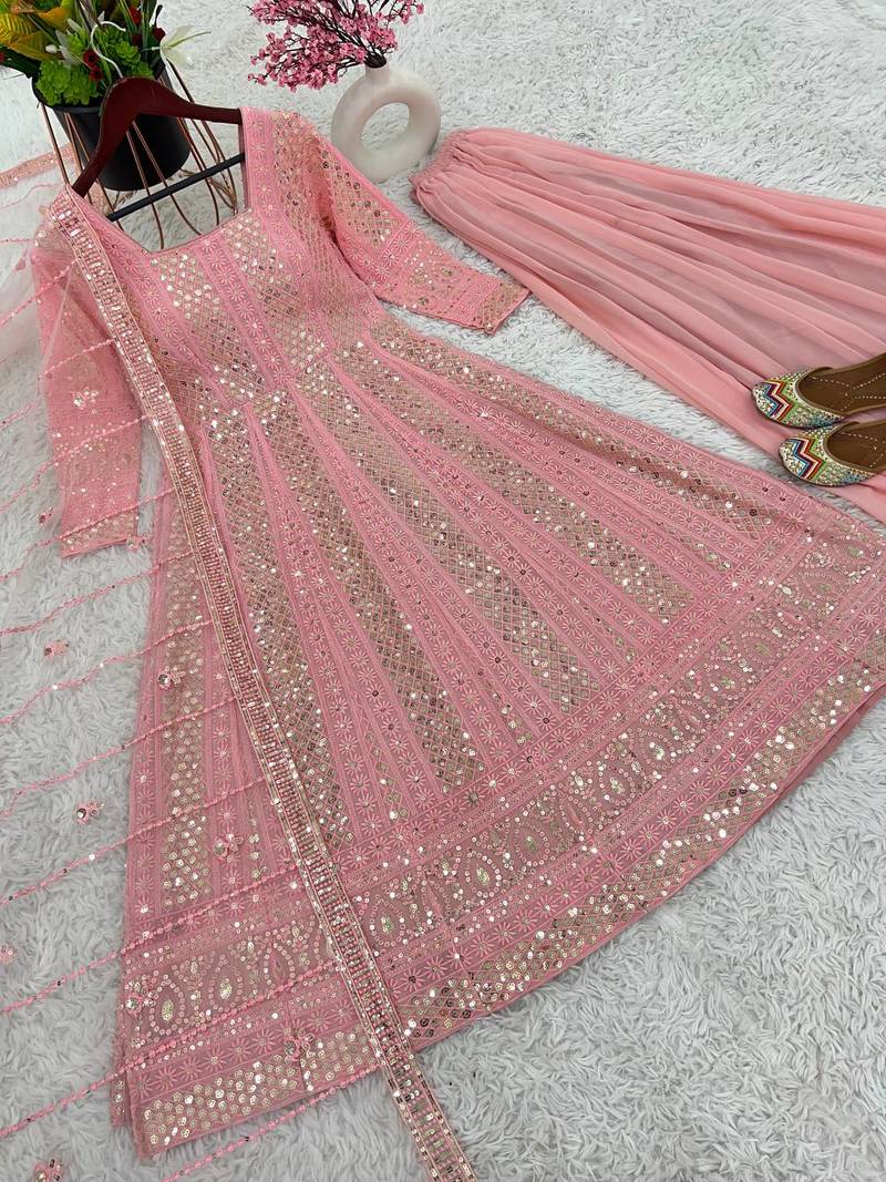 Baby Pink Colour Exquisite Heavy Faux Georgette Stitched Gown Set