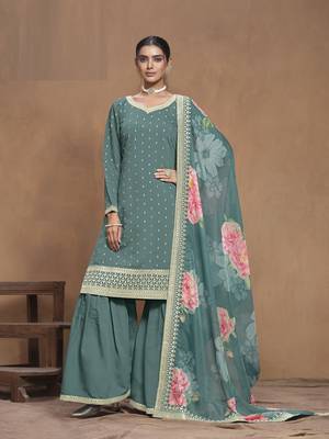 Sea Green embroidered Silk Sharara Suit 1