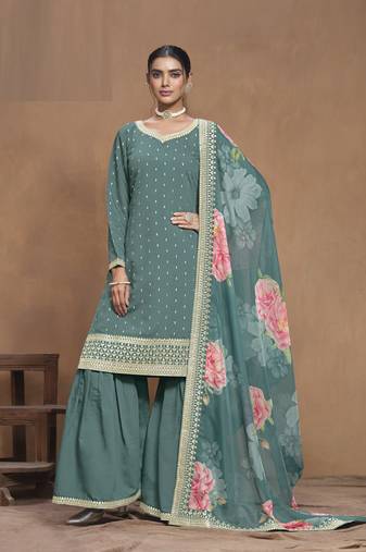 Sea Green embroidered Silk Sharara Suit