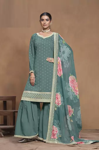 Sea Green Silk Sharara Suit