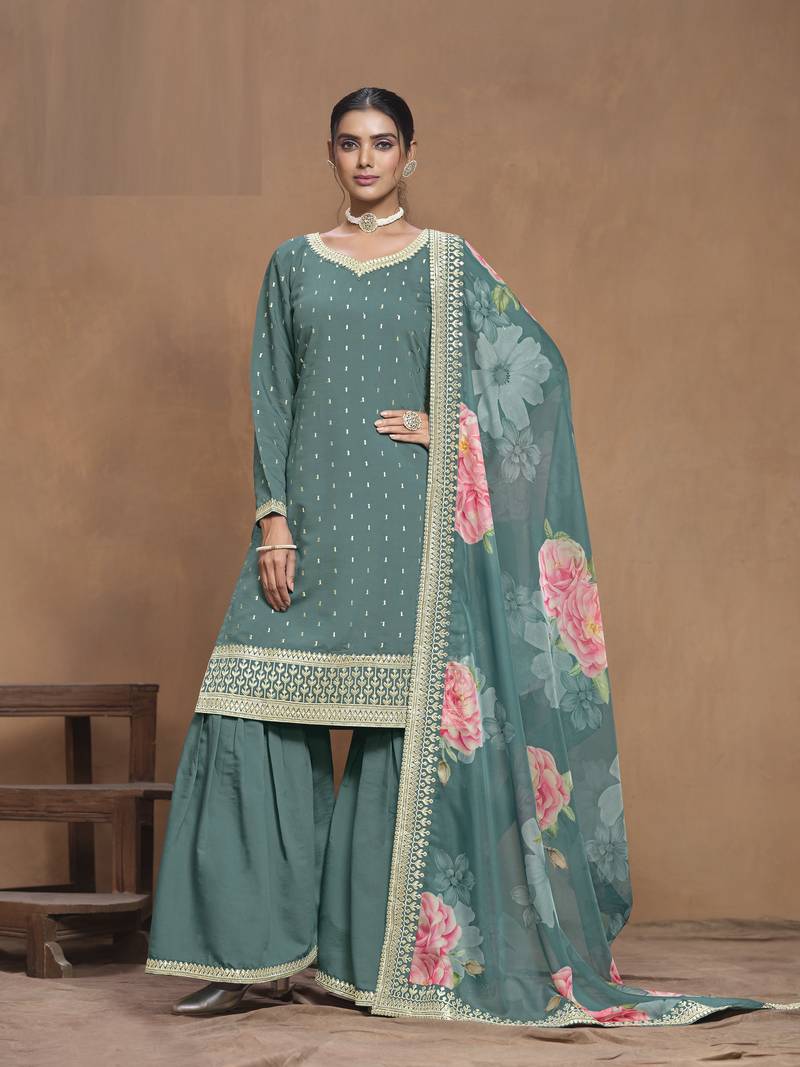 Sea Green Silk Sharara Suit