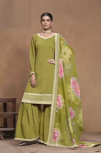 Mehendi embroidered Silk Sharara Suit