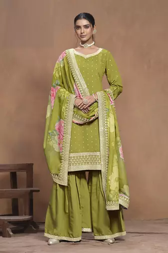 Mehendi embroidered Silk Sharara Suit