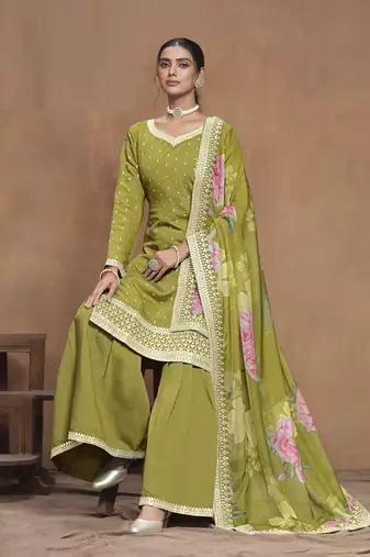 Mehendi embroidered Silk Sharara Suit