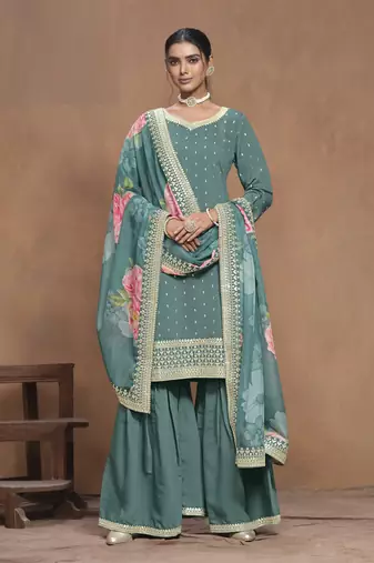 Sea Green embroidered Silk Sharara Suit