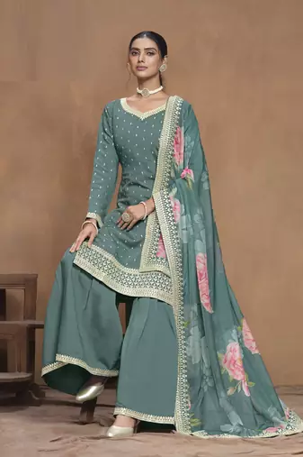 Sea Green embroidered Silk Sharara Suit