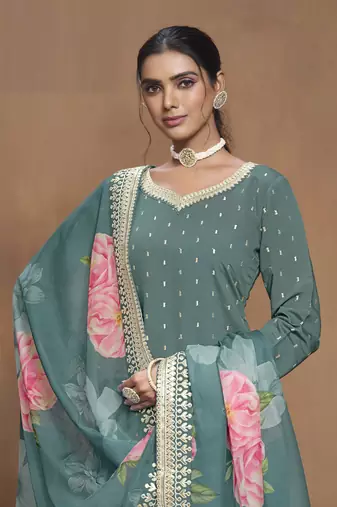 Sea Green embroidered Silk Sharara Suit