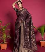 Wine Banarasi Raw Silk Zari Weaving Designer Border & Heavy Designer Rich Pallu Saree With Blouse For Women