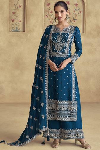 Royal blue chinon silk embroidered Palazzo suit