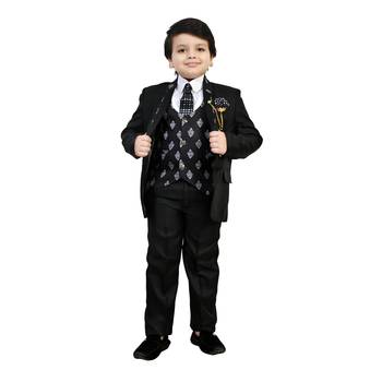 Boys cotton blend 5 piece damask printed coat suit set - black 1