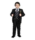 Boys cotton blend 5 piece damask printed coat suit set - black
