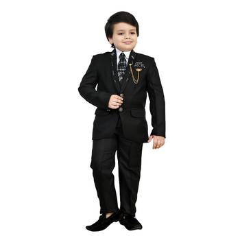 Boys cotton blend 5 piece damask printed coat suit set - black 3