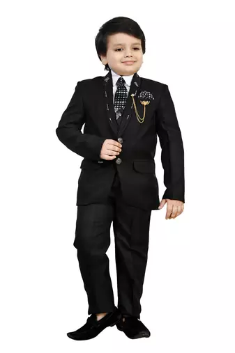 Boys cotton blend 5 piece damask printed coat suit set - black