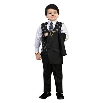 Boys cotton blend 5 piece damask printed coat suit set - black 4