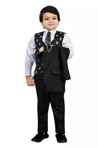 Boys cotton blend 5 piece damask printed coat suit set - black