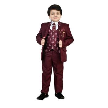 Boys cotton blend 5 piece damask printed coat suit set - maroon 1