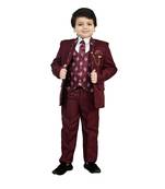 Boys cotton blend 5 piece damask printed coat suit set - maroon