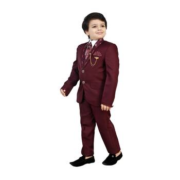 Boys cotton blend 5 piece damask printed coat suit set - maroon 3