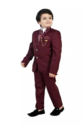 Boys cotton blend 5 piece damask printed coat suit set - maroon