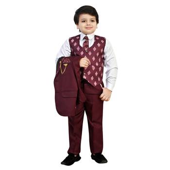 Boys cotton blend 5 piece damask printed coat suit set - maroon 4