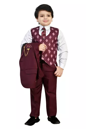 Boys cotton blend 5 piece damask printed coat suit set - maroon
