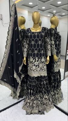 Black Colour Luxurious Pure Chinnon Silk Stitched Outfit with Embroidery and Mirror Work 1