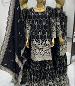 Black Colour Luxurious Pure Chinnon Silk Stitched Outfit with Embroidery and Mirror Work