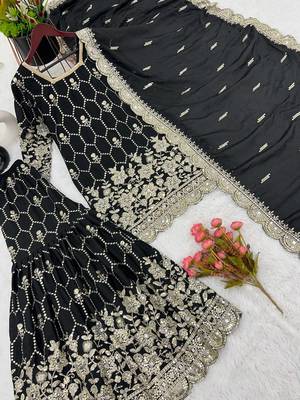 Black Colour Luxurious Pure Chinnon Silk Stitched Outfit with Embroidery and Mirror Work 2