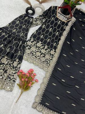 Black Colour Luxurious Pure Chinnon Silk Stitched Outfit with Embroidery and Mirror Work 3