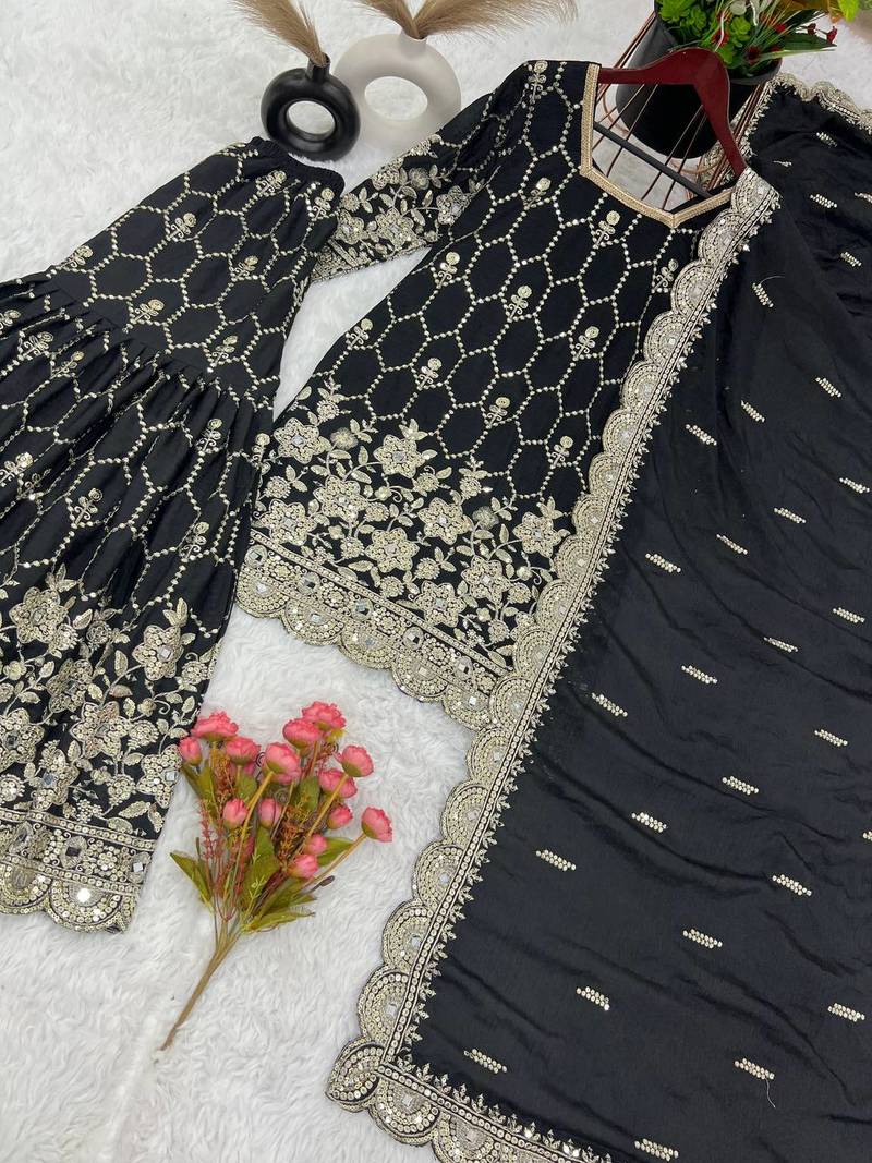 Black Colour Luxurious Pure Chinnon Silk Stitched Outfit with Embroidery and Mirror Work