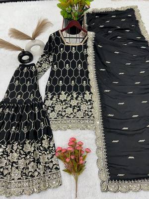 Black Colour Luxurious Pure Chinnon Silk Stitched Outfit with Embroidery and Mirror Work 4