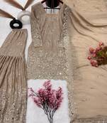 Chiku Colour Luxurious Pure Chinnon Silk Stitched Outfit with Embroidery and Mirror Work