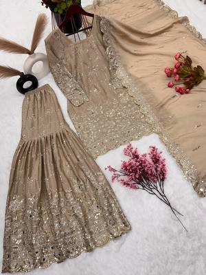 Chiku Colour Luxurious Pure Chinnon Silk Stitched Outfit with Embroidery and Mirror Work 2