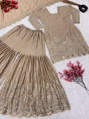 Chiku Colour Luxurious Pure Chinnon Silk Stitched Outfit with Embroidery and Mirror Work 3