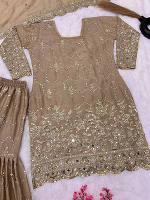Chiku Colour Luxurious Pure Chinnon Silk Stitched Outfit with Embroidery and Mirror Work 4