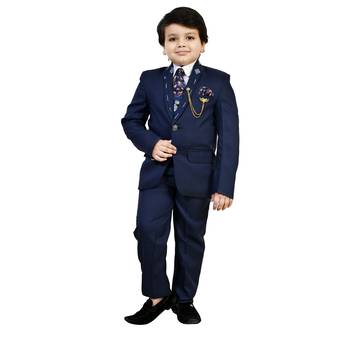 Boys cotton blend 5 piece damask printed coat suit set - navy blue 1