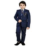 Boys cotton blend 5 piece damask printed coat suit set - navy blue