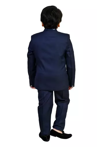 Boys cotton blend 5 piece damask printed coat suit set - navy blue