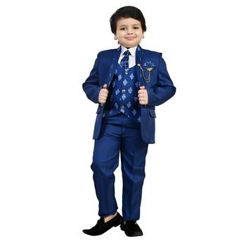 Boys cotton blend 5 piece damask printed coat suit set - royal blue 1