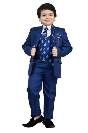 Boys cotton blend 5 piece damask printed coat suit set - royal blue