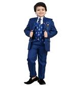 Boys cotton blend 5 piece damask printed coat suit set - royal blue