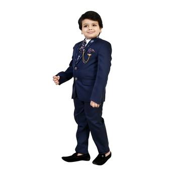 Boys cotton blend 5 piece damask printed coat suit set - navy blue 3