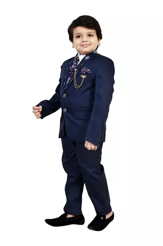 Boys cotton blend 5 piece damask printed coat suit set - navy blue