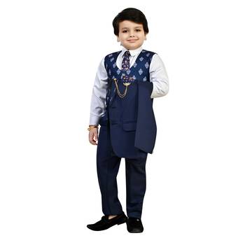 Boys cotton blend 5 piece damask printed coat suit set - navy blue 4